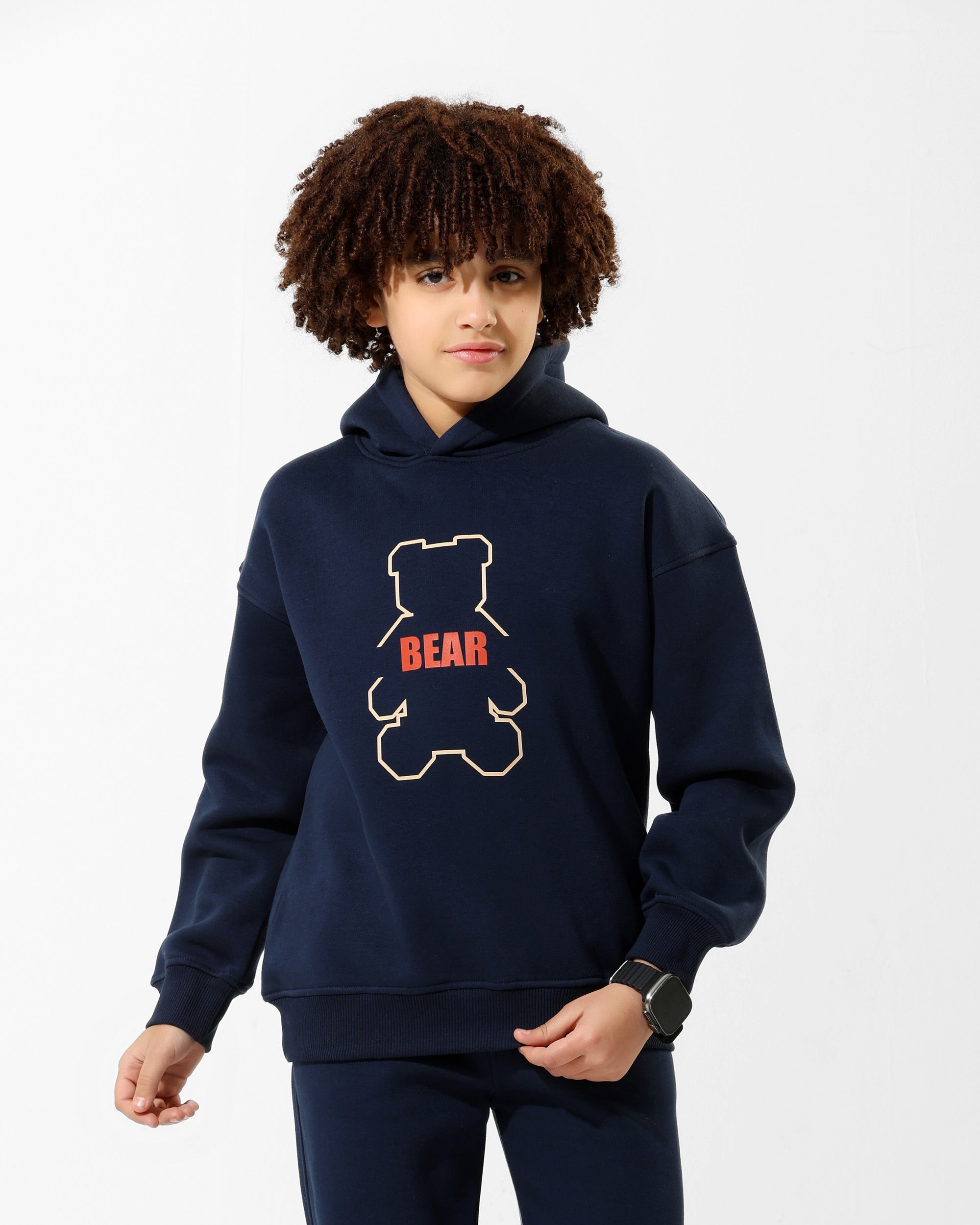 Boys Bear Outline Graphic Hoodie | Dark Blue - Remint Kids Fashion