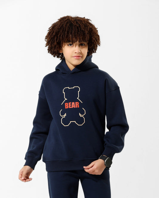 Boys Bear Outline Graphic Hoodie | Dark Blue - Remint Kids Fashion