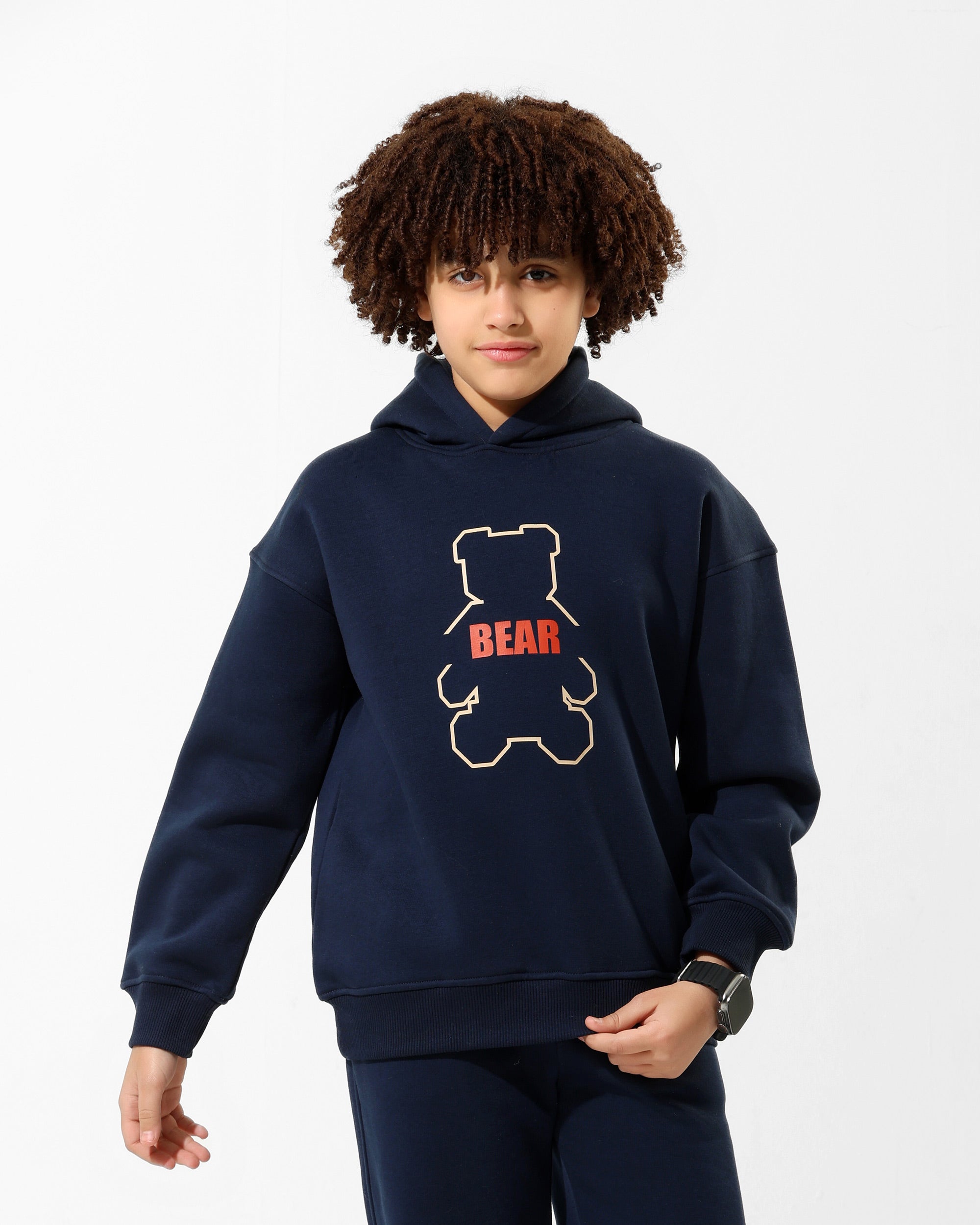 Boys Bear Outline Graphic Hoodie | Dark Blue - Remint Kids Fashion