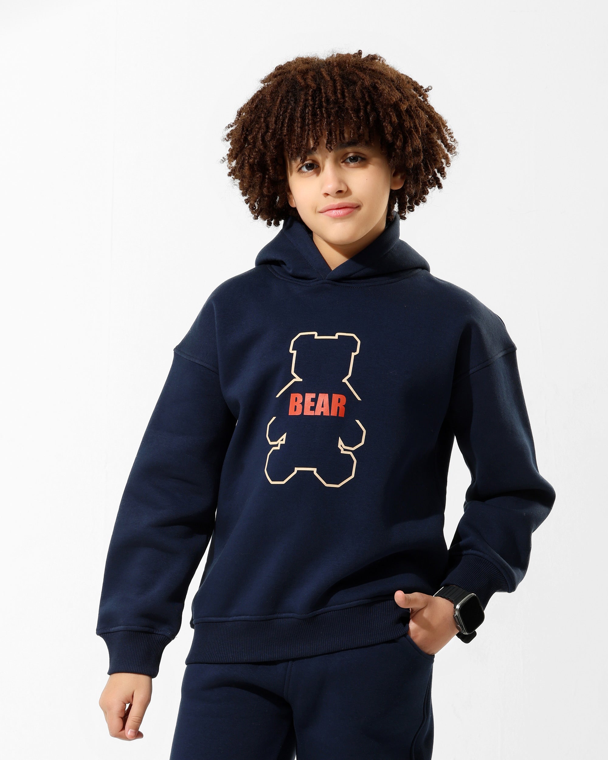 Boys Bear Outline Graphic Hoodie | Dark Blue - Remint Kids Fashion