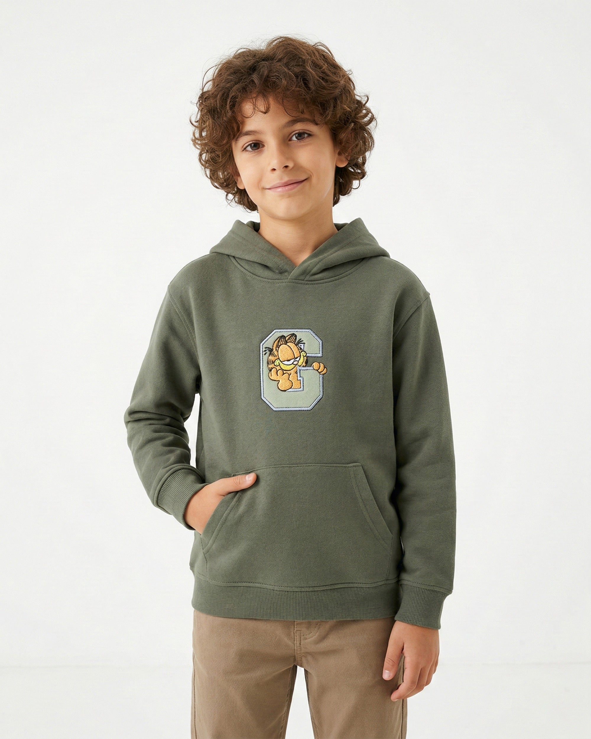 Boys Garfield Letter Patch Hoodie | Olive Green - Remint Kids Fashion