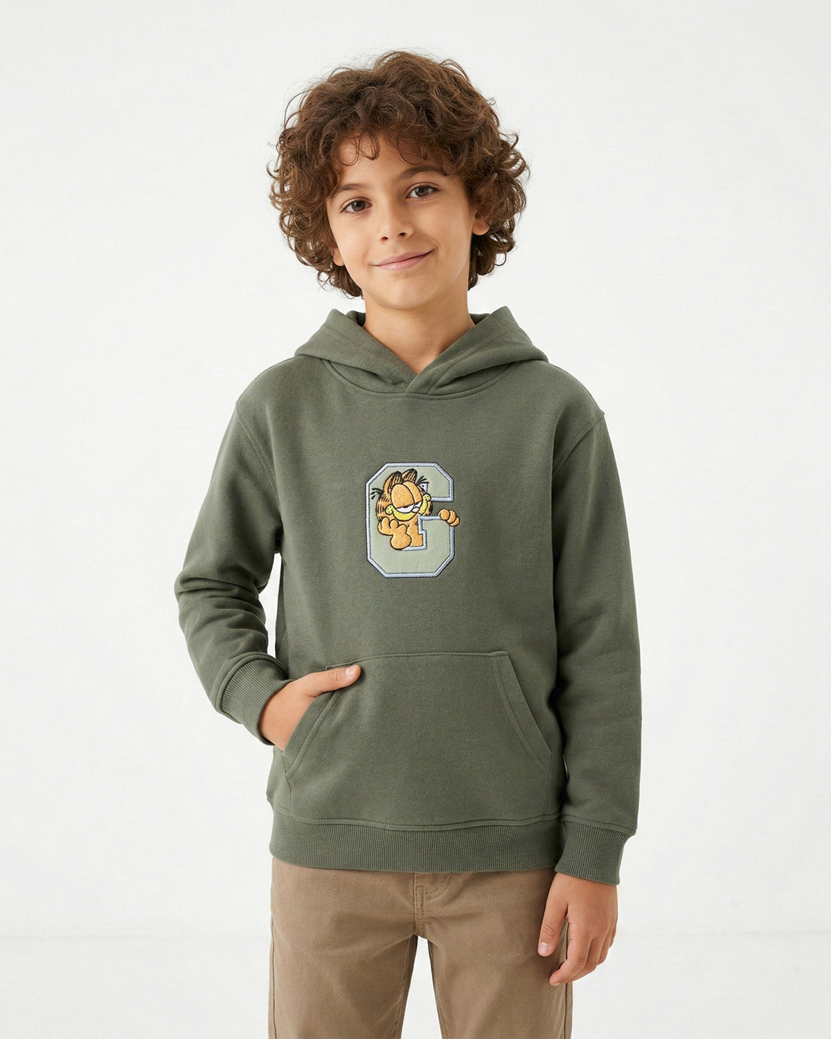 Boys Garfield Letter Patch Hoodie | Olive Green - Remint Kids Fashion
