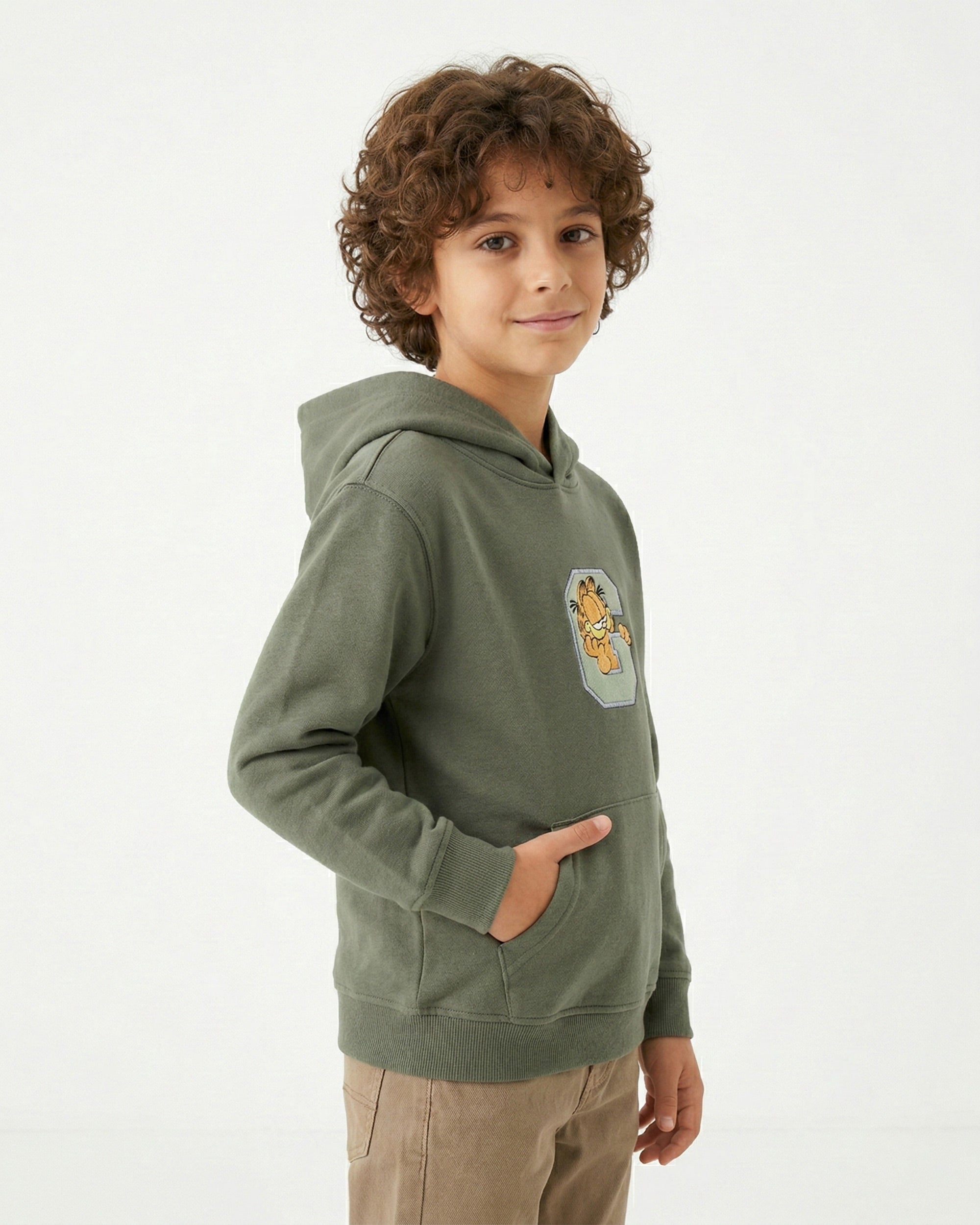 Boys Garfield Letter Patch Hoodie | Olive Green - Remint Kids Fashion