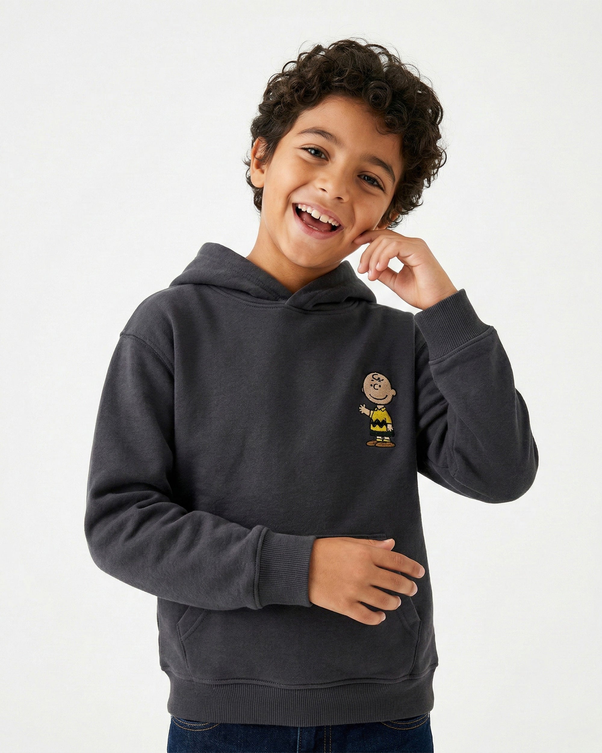 Boys Charlie Brown Patch Hoodie | Dark Grey - Remint Kids Fashion