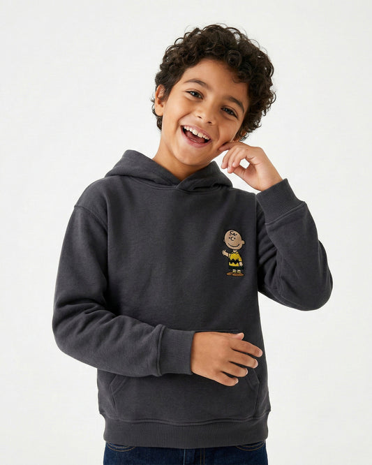 Boys Charlie Brown Patch Hoodie | Dark Grey - Remint Kids Fashion