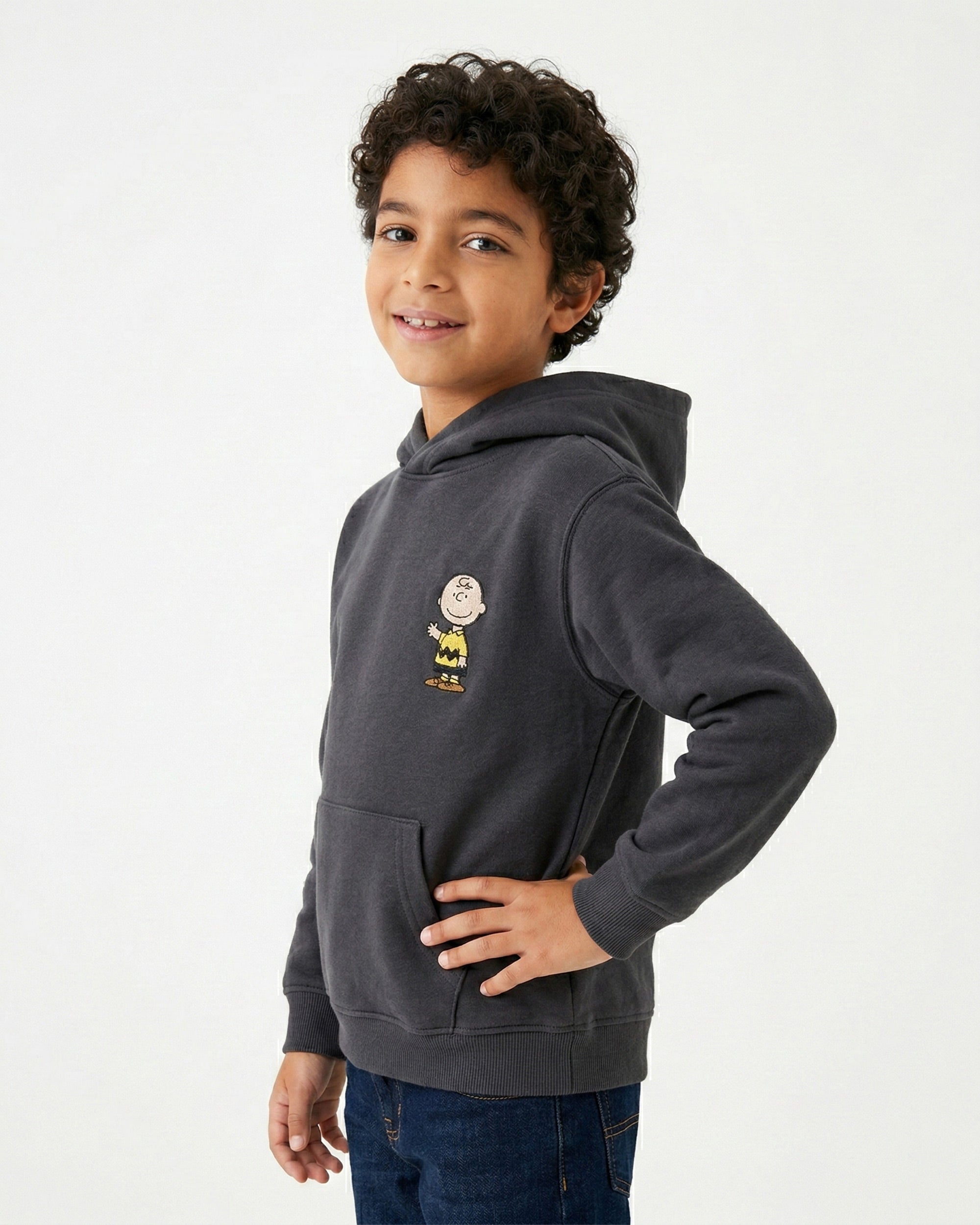 Boys Charlie Brown Patch Hoodie | Dark Grey - Remint Kids Fashion