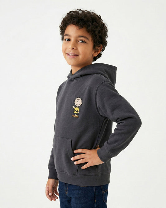 Boys Charlie Brown Patch Hoodie | Dark Grey - Remint Kids Fashion
