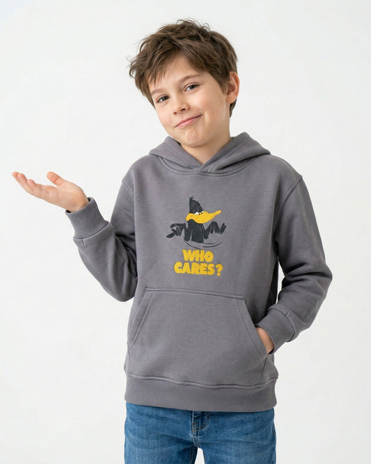 Boys Daffy Duck Who Cares Hoodie | Grey - Remint Kids Fashion