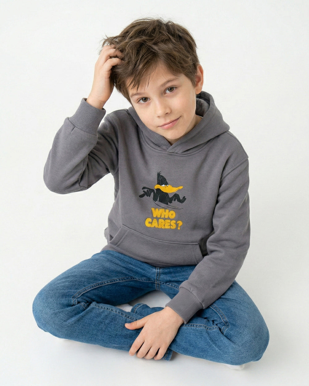 Boys Daffy Duck Who Cares Hoodie | Grey - Remint Kids Fashion