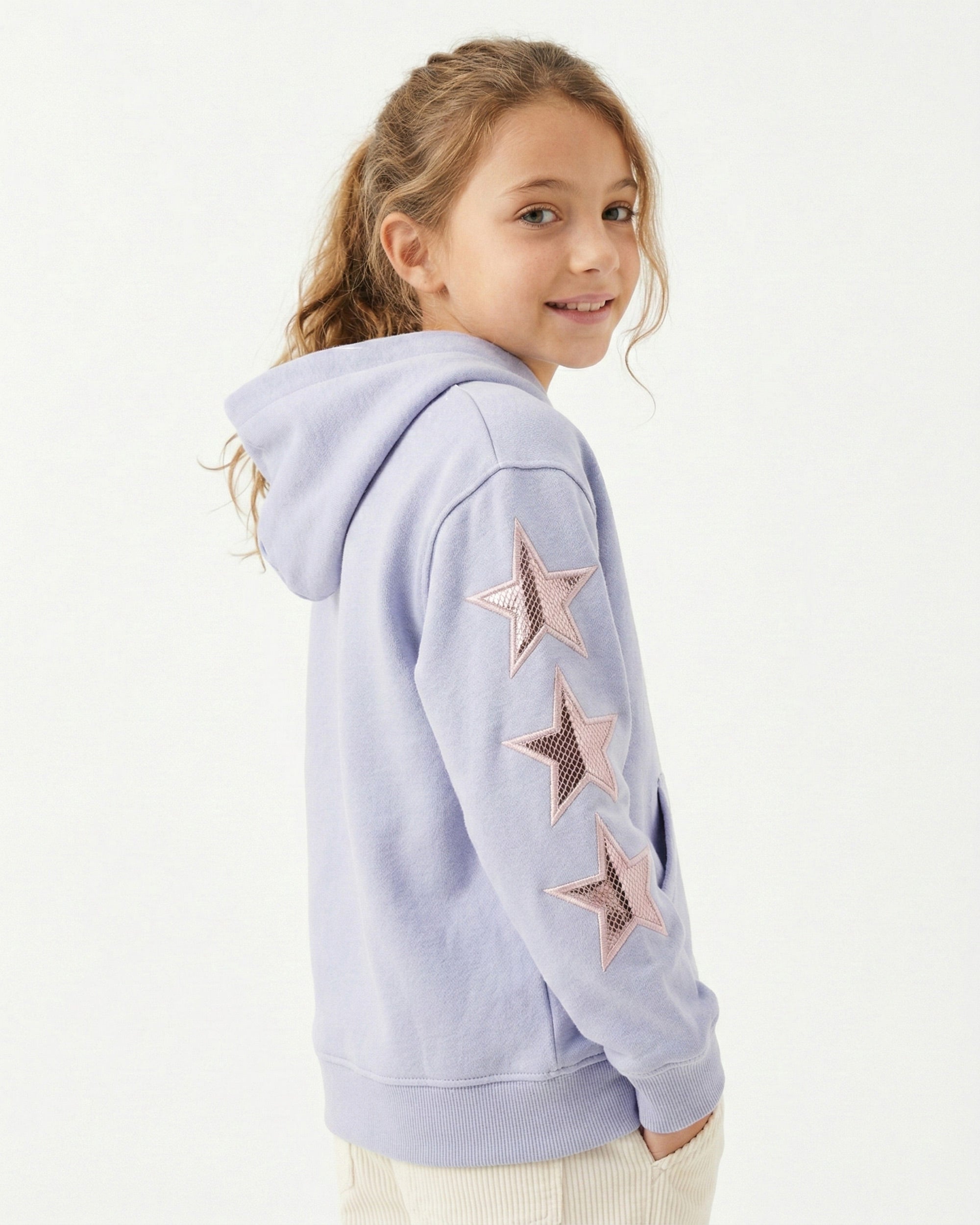 Girls Star Patch Sleeve Hoodie | Light Lilac - Remint Kids Fashion
