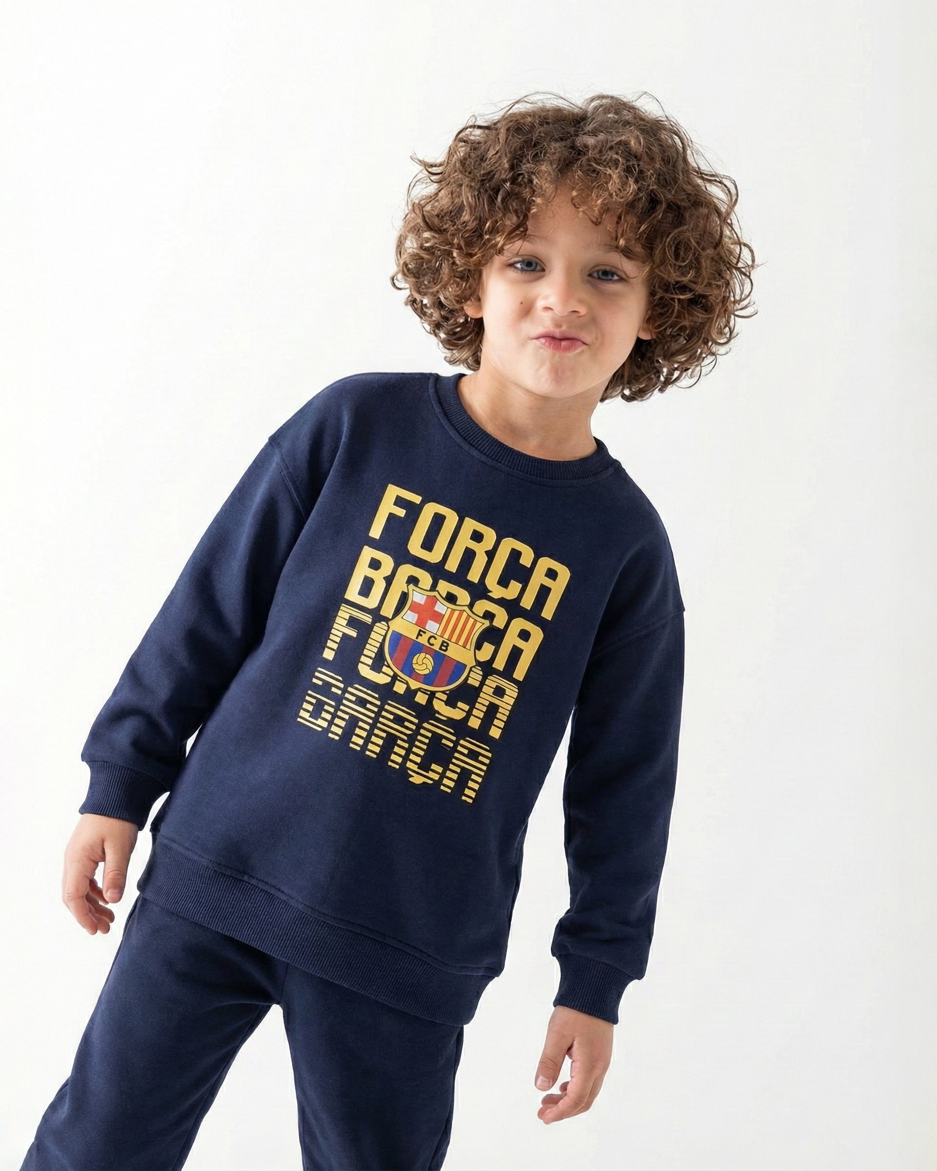 Boys FC Barcelona “Força Barça” Graphic Sweatshirt | Dark Blue - Remint Kids Fashion