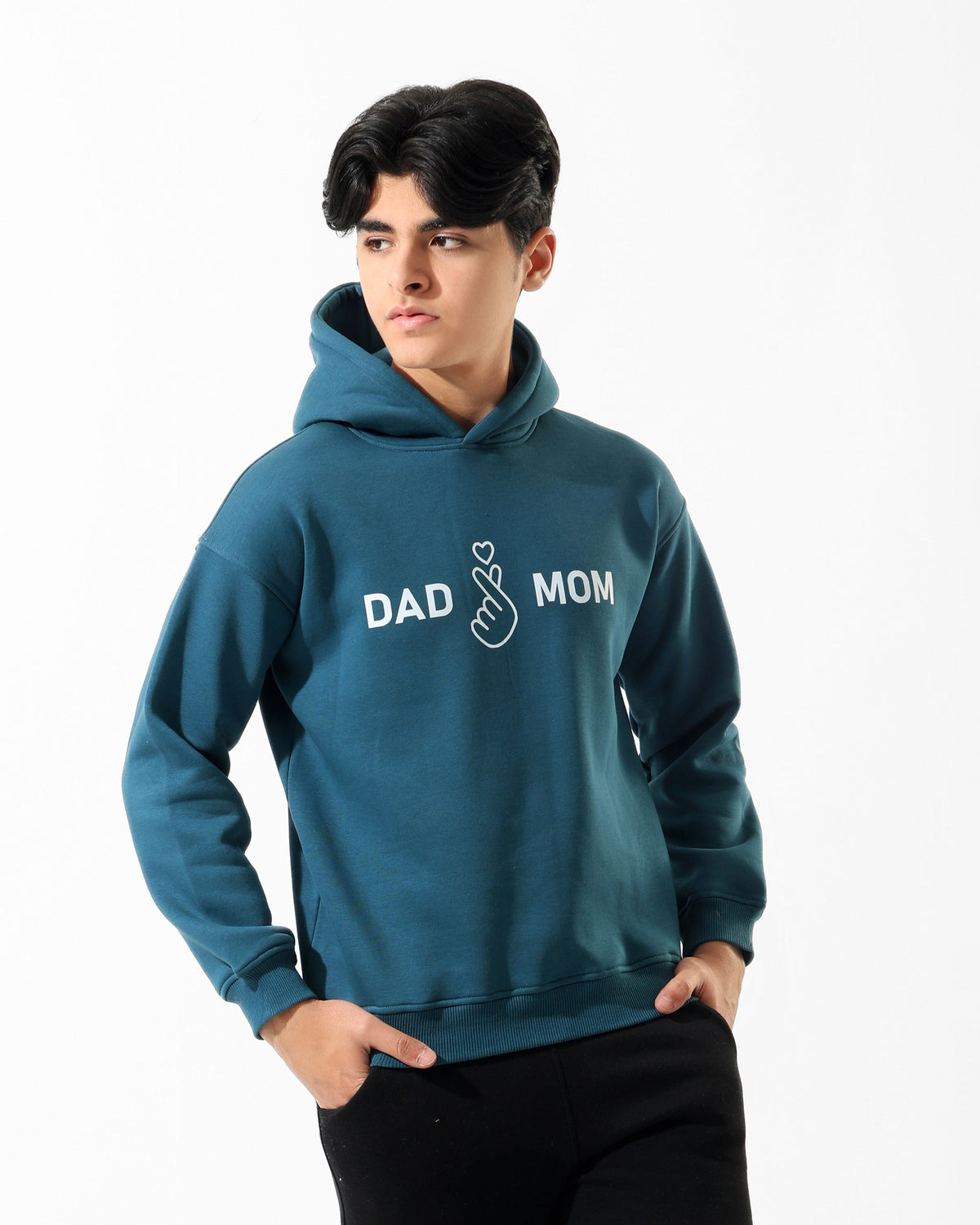 Boys Dad Mom Graphic Hoodie | Dark Teal - Remint Kids Fashion
