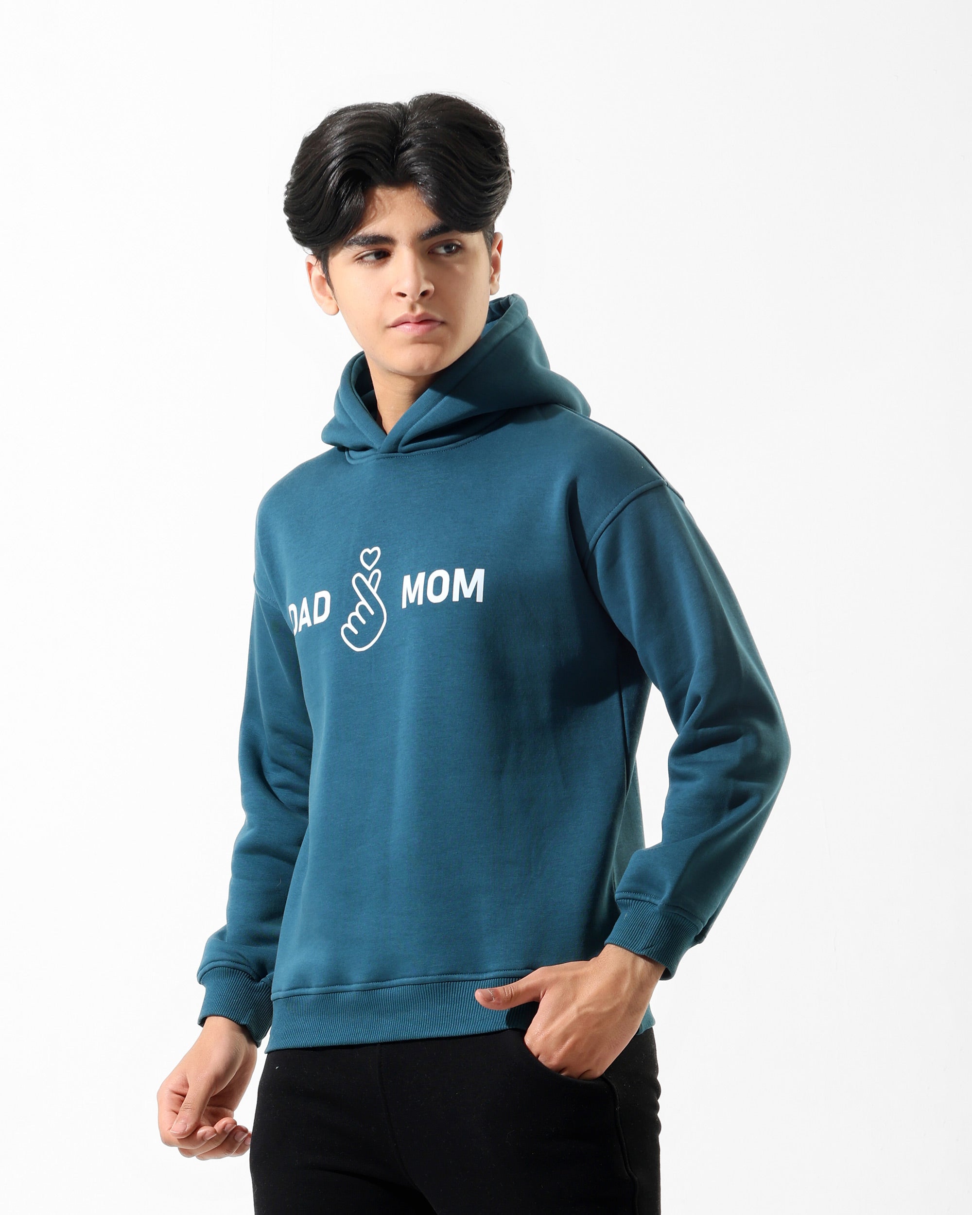 Boys Dad Mom Graphic Hoodie | Dark Teal - Remint Kids Fashion