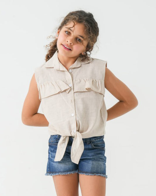 Girls Ruffle Front Tie Sleeveless Shirt | Beige - Remint Kids Fashion