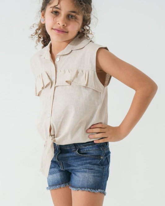 Girls Ruffle Front Tie Sleeveless Shirt | Beige - Remint Kids Fashion