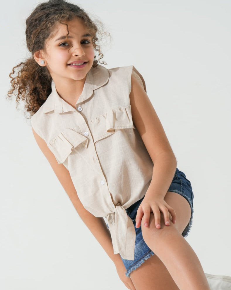 Girls Ruffle Front Tie Sleeveless Shirt | Beige - Remint Kids Fashion