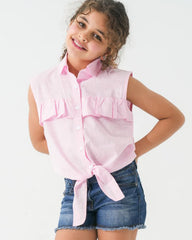 Girls Ruffle Front Tie Sleeveless Shirt | Rose Pink - Remint Kids Fashion