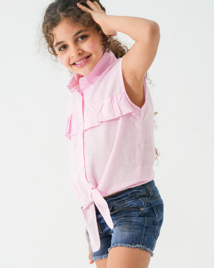 Girls Ruffle Front Tie Sleeveless Shirt | Rose Pink - Remint Kids Fashion