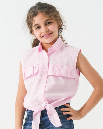 Girls Ruffle Front Tie Sleeveless Shirt | Rose Pink - Remint Kids Fashion