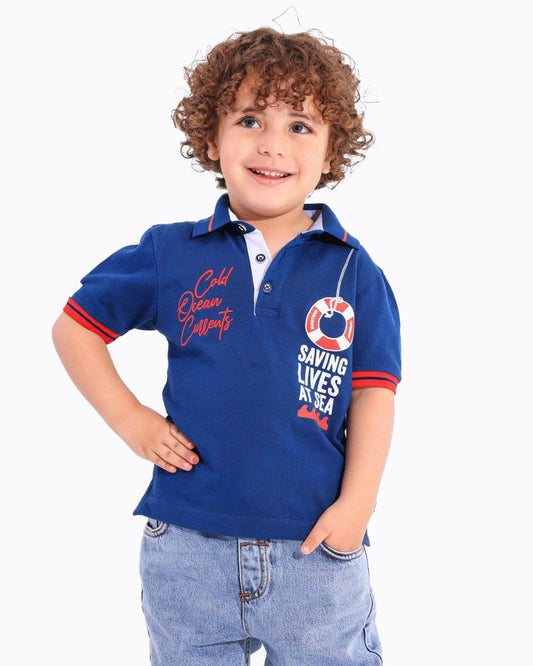 Boys Nautical Graphic Polo T-Shirt | Dark Blue - Remint Kids Fashion