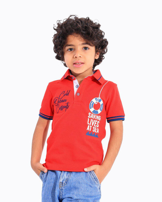 Boys Nautical Graphic Polo T-Shirt | Red - Remint Kids Fashion