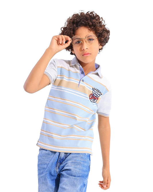 Boys Academy Striped Polo T-Shirt | Sky Blue - Remint Kids Fashion