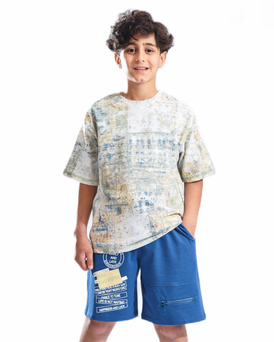 Boys Urban Print T-Shirt & Shorts Set | Celtic Blue - Remint Kids Fashion