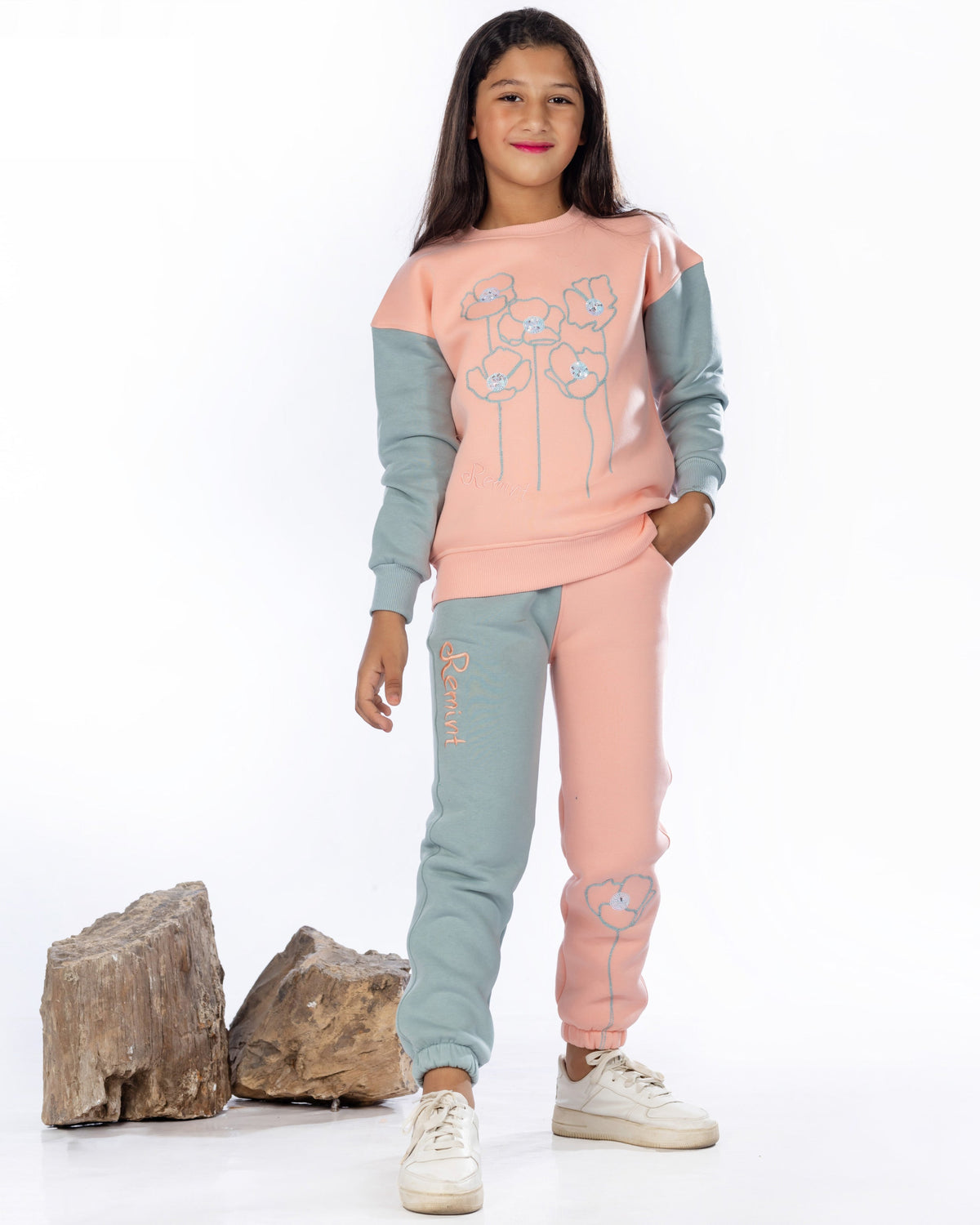Girls Cotton Sweatshirt & Jogger Set | Apricot - Remint Kids Fashion