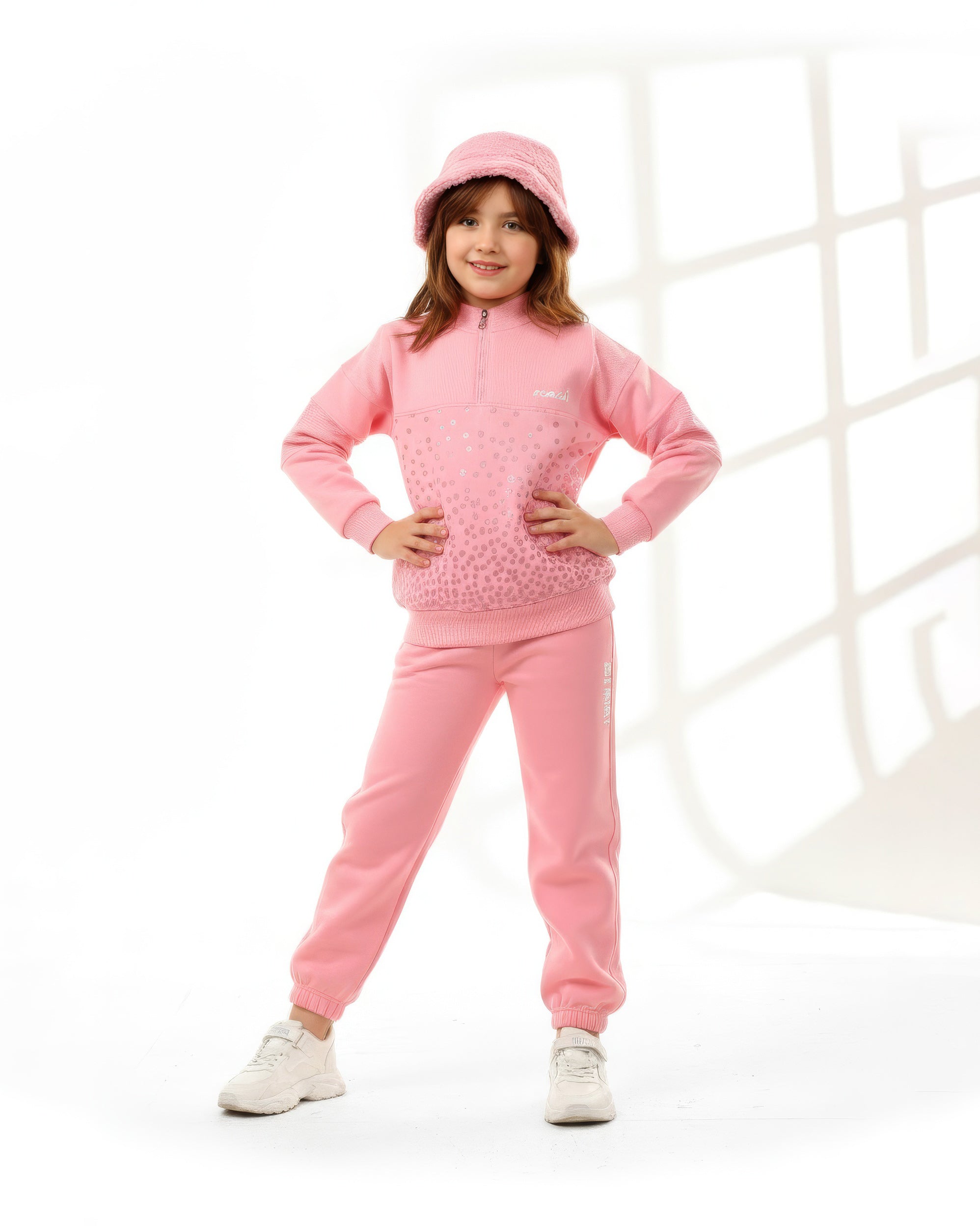 Girls Half-Zip Printed Set | Pink - Remint Kids Fashion