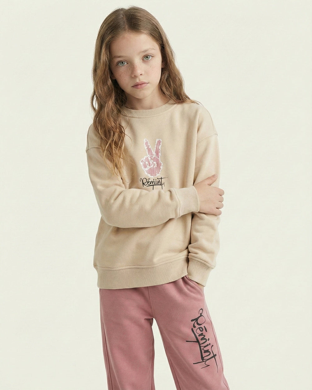 Girls Peace Print Set | Beige - Remint Kids Fashion