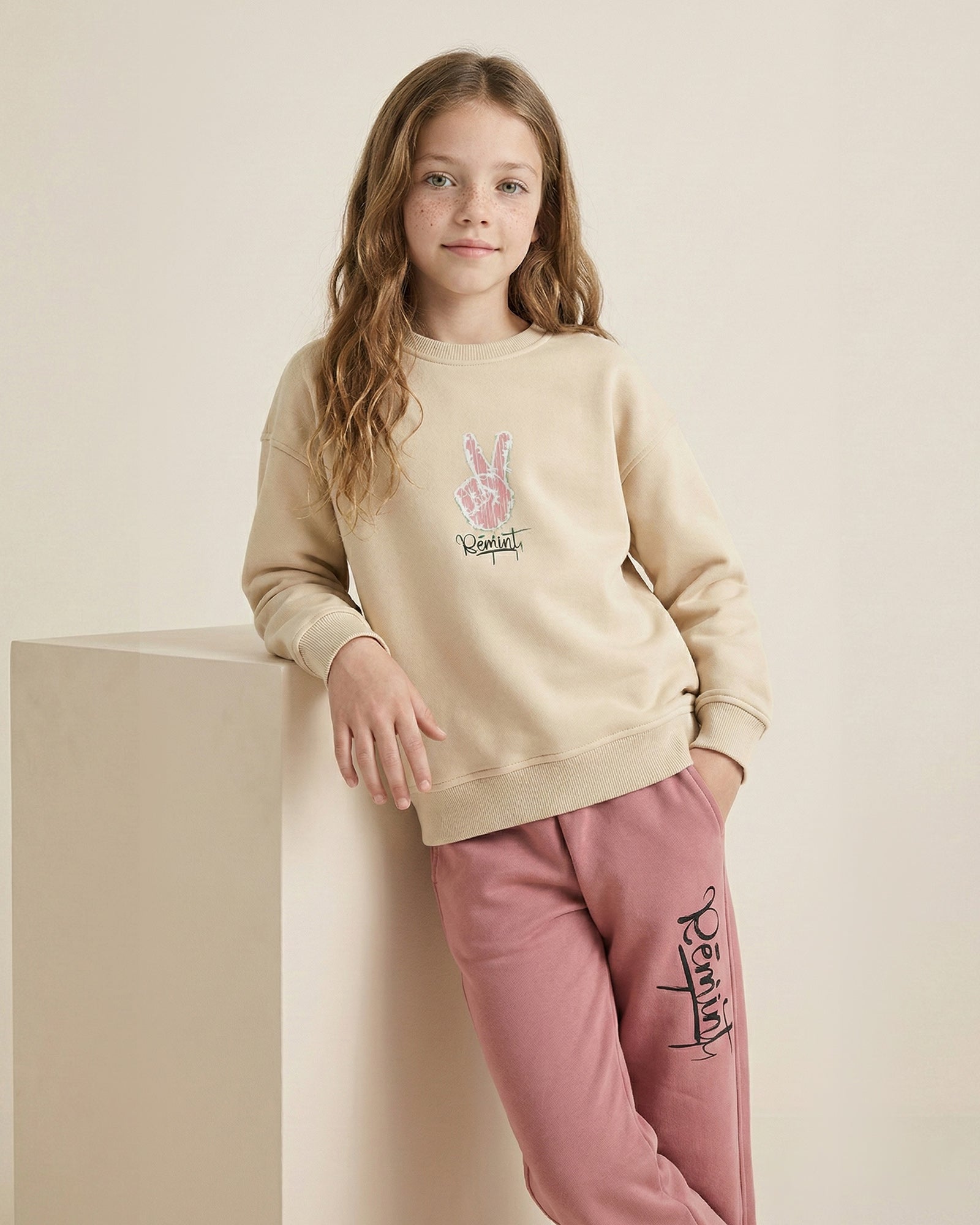 Girls Peace Print Set | Beige - Remint Kids Fashion