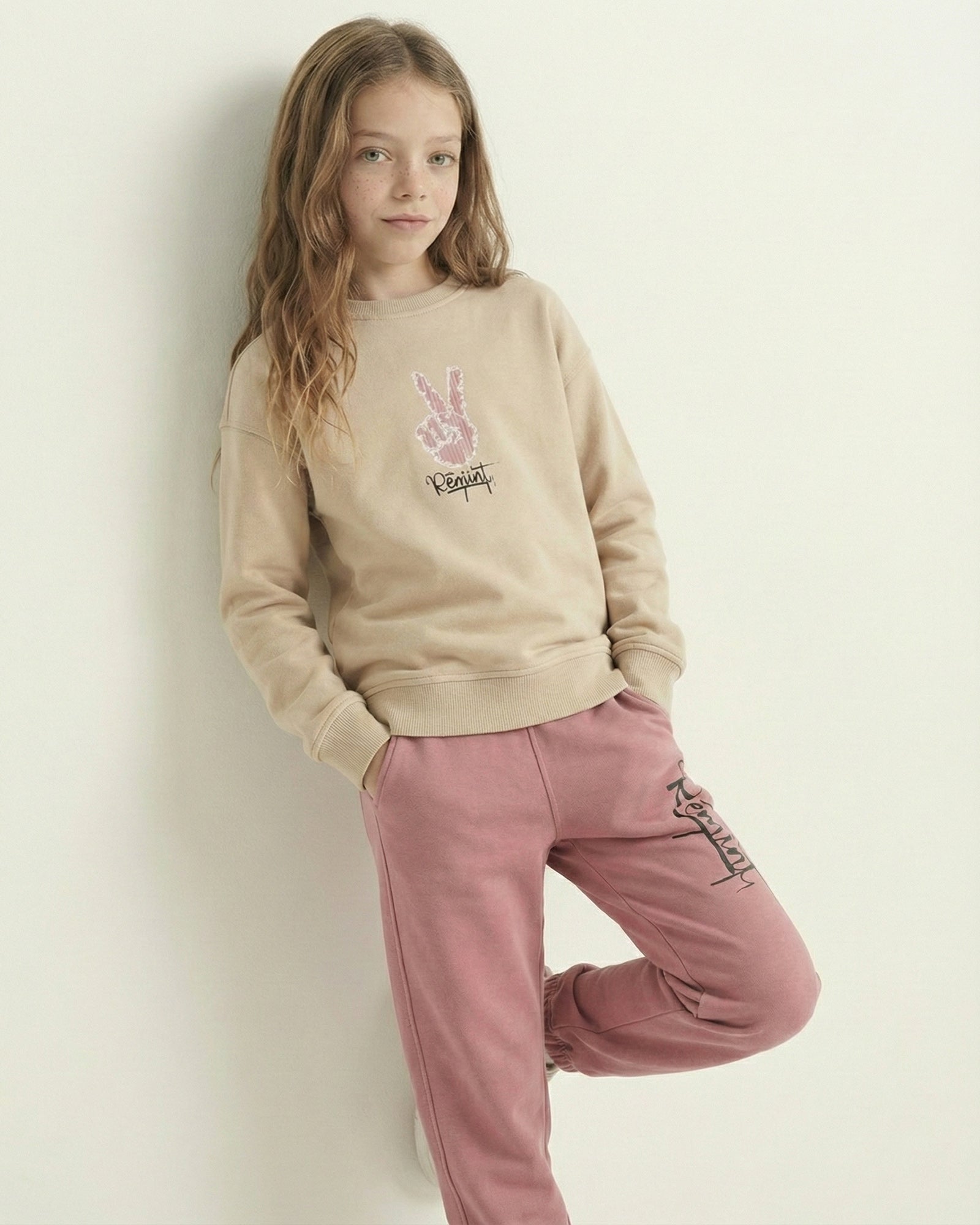 Girls Peace Print Set | Beige - Remint Kids Fashion