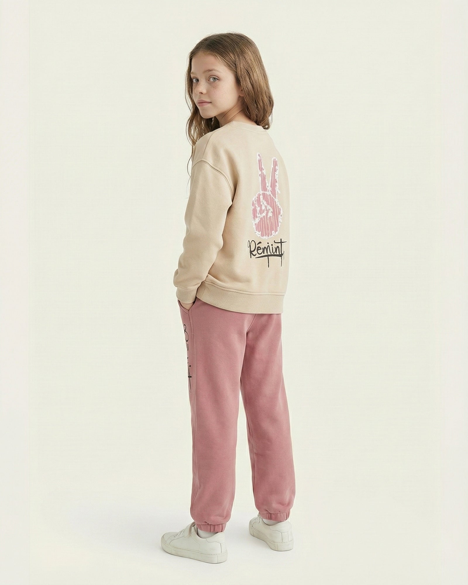 Girls Peace Print Set | Beige - Remint Kids Fashion