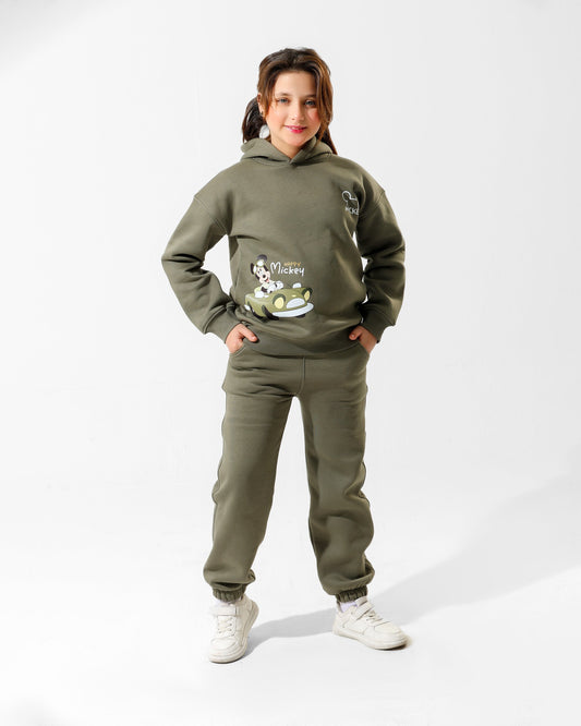 Girls Mickey Printed Set | Olive Green - Remint Kids Fashion