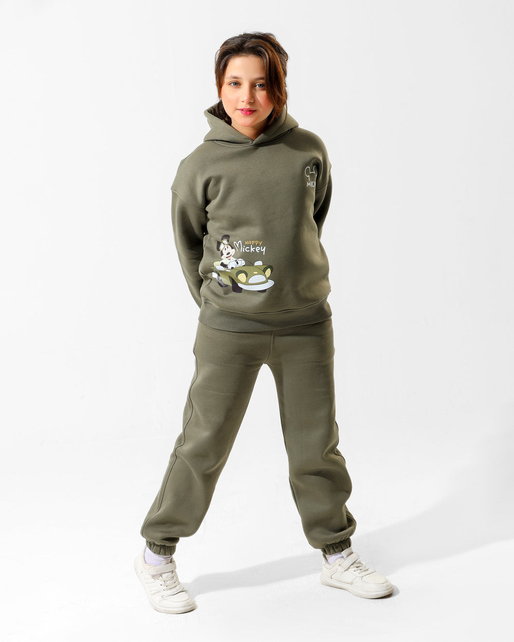 Girls Mickey Printed Set | Olive Green - Remint Kids Fashion