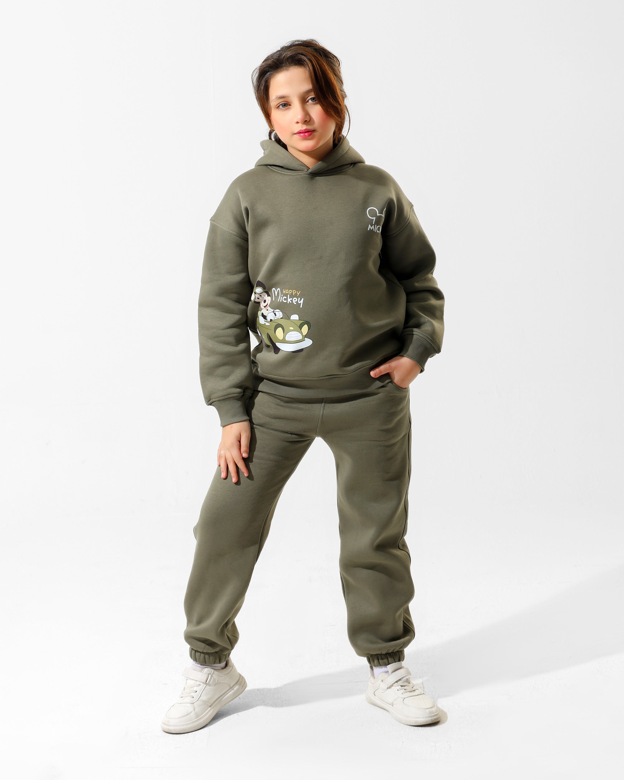 Girls Mickey Printed Set | Olive Green - Remint Kids Fashion