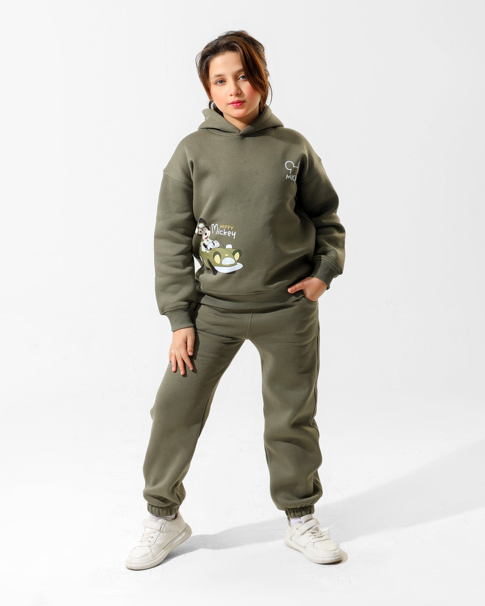 Girls Mickey Printed Set | Olive Green - Remint Kids Fashion