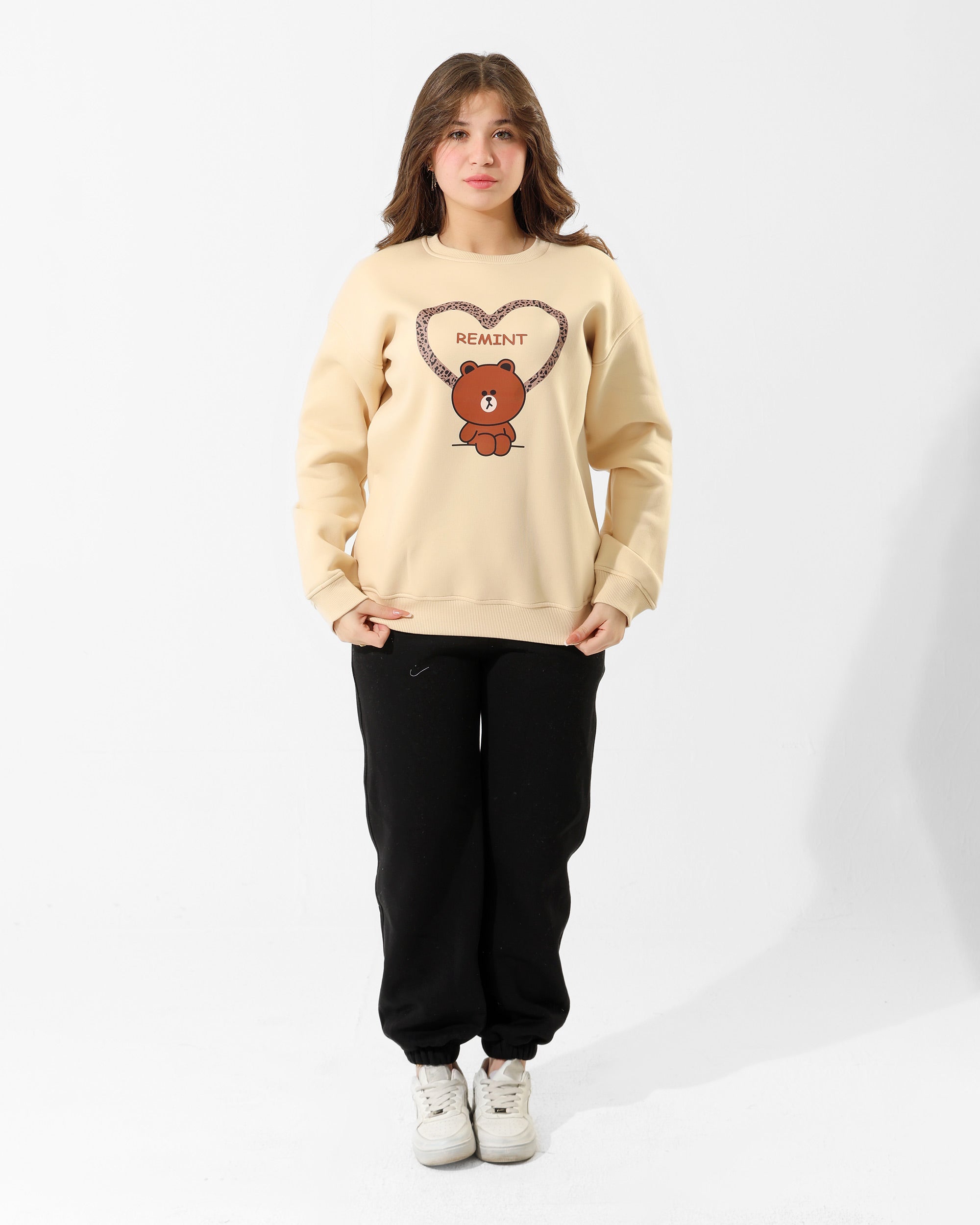 Girls Bear Heart Print Set | Beige - Remint Kids Fashion