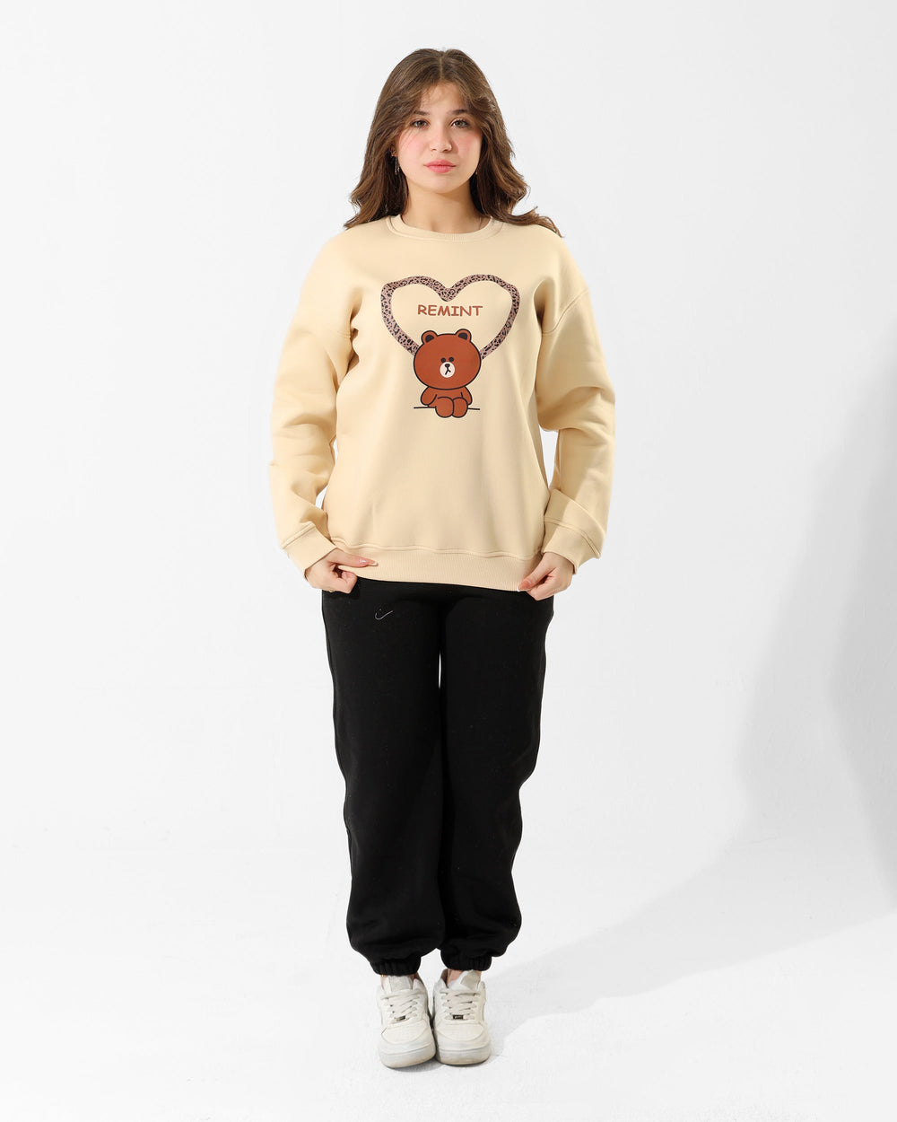 Girls Bear Heart Print Set | Beige - Remint Kids Fashion