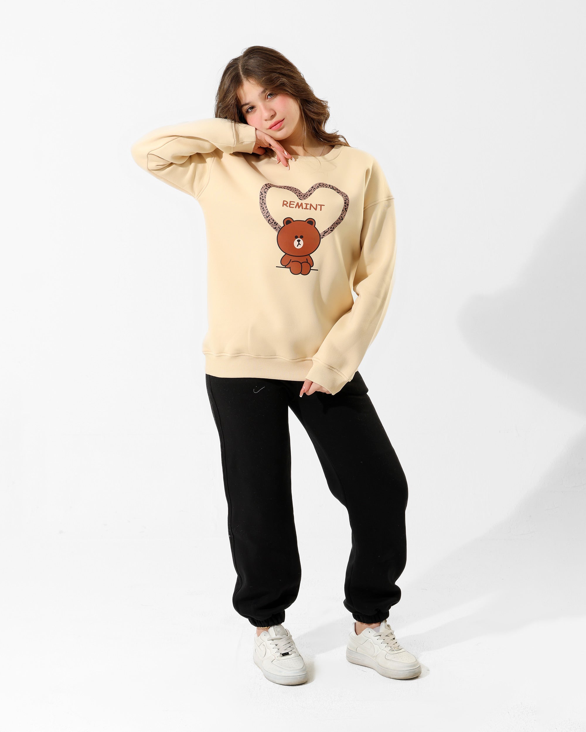 Girls Bear Heart Print Set | Beige - Remint Kids Fashion