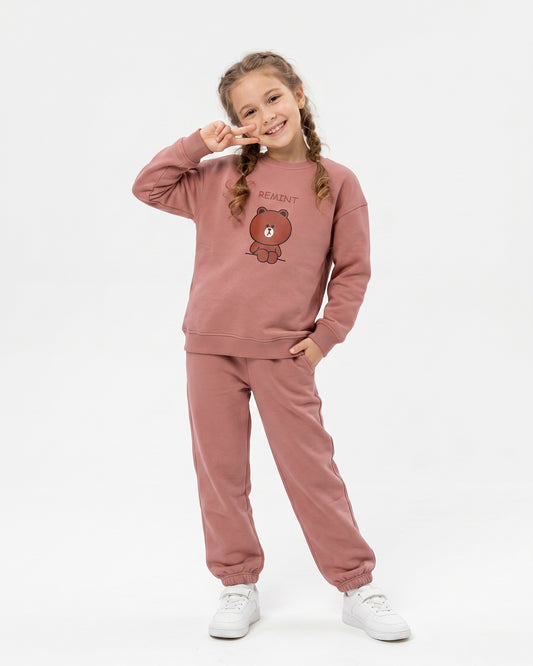 Girls Brown Bear Graphic Set | Mocha Brown - Remint Kids Fashion