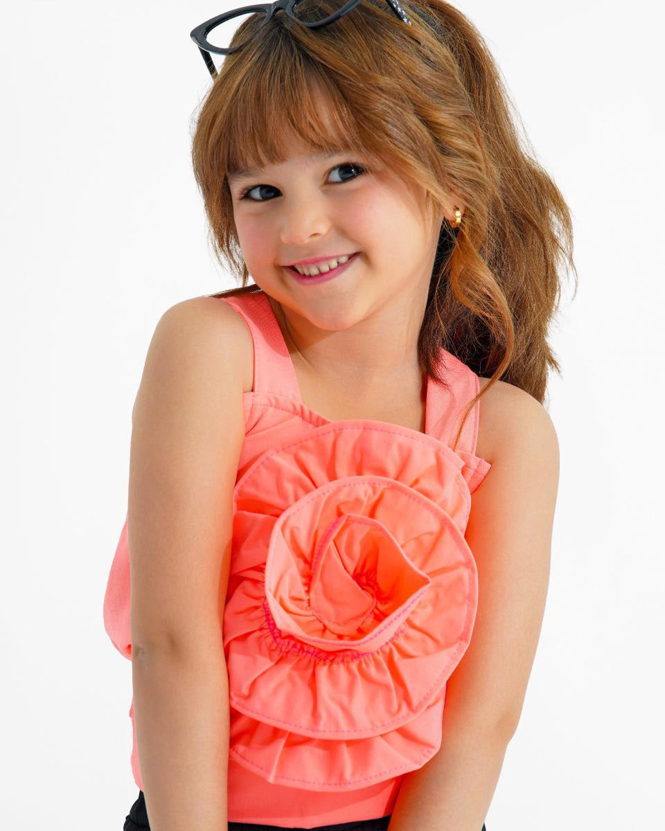 Girls 3D Flower Crop Top & Flare Pants Set