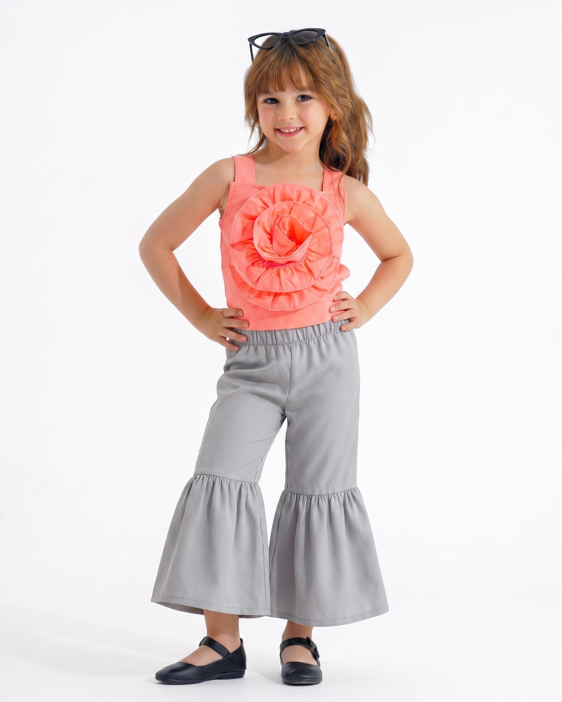 Girls 3D Flower Crop Top & Flare Pants Set