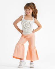 Girls 3D Flower Crop Top & Flare Pants Set