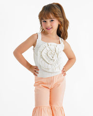 Girls 3D Flower Crop Top & Flare Pants Set