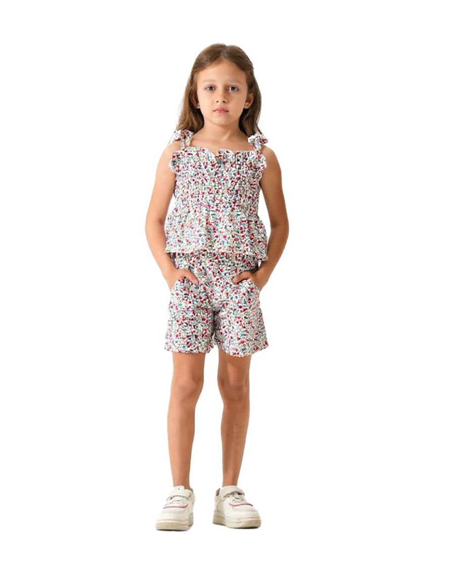 Girls Smocked Floral Top & Shorts Set | Red - Remint Kids Fashion