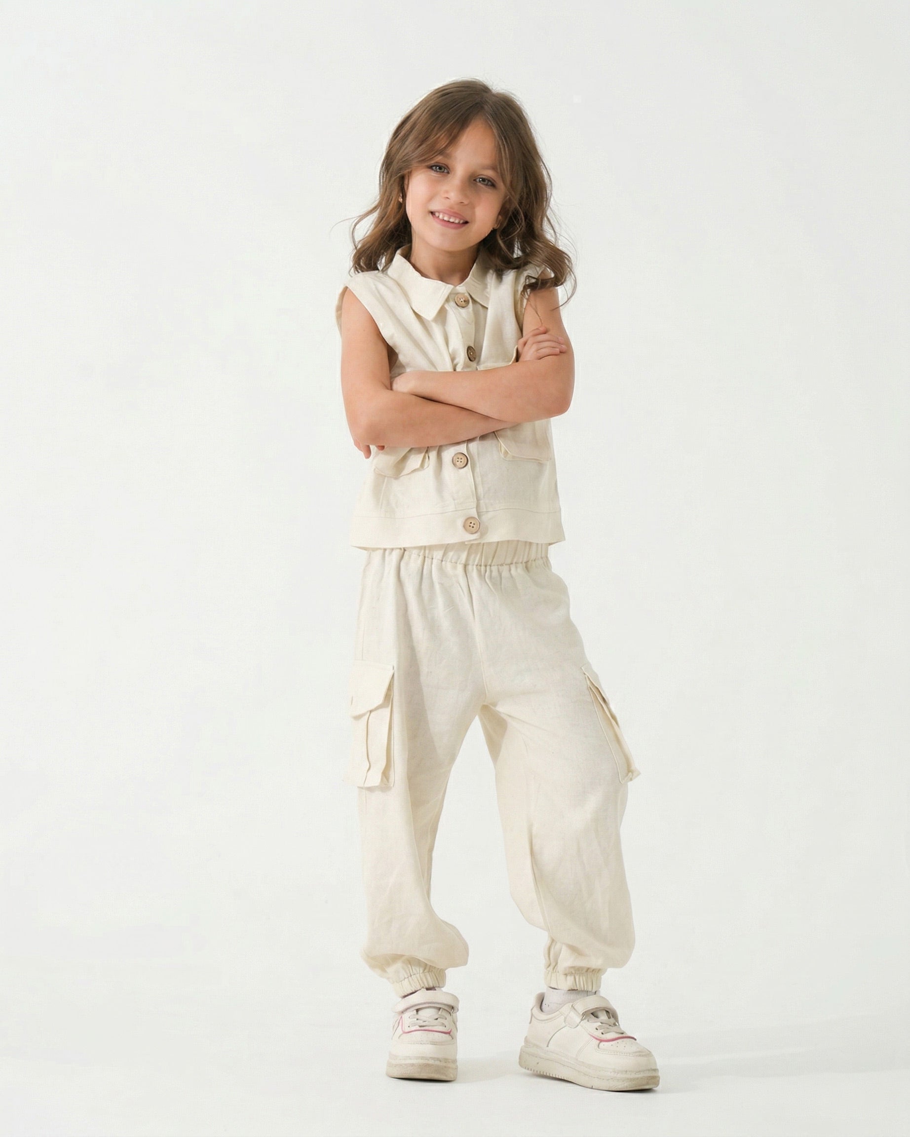 Girls Utility Vest & Cargo Jogger Pants Set | Beige - Remint Kids Fashion