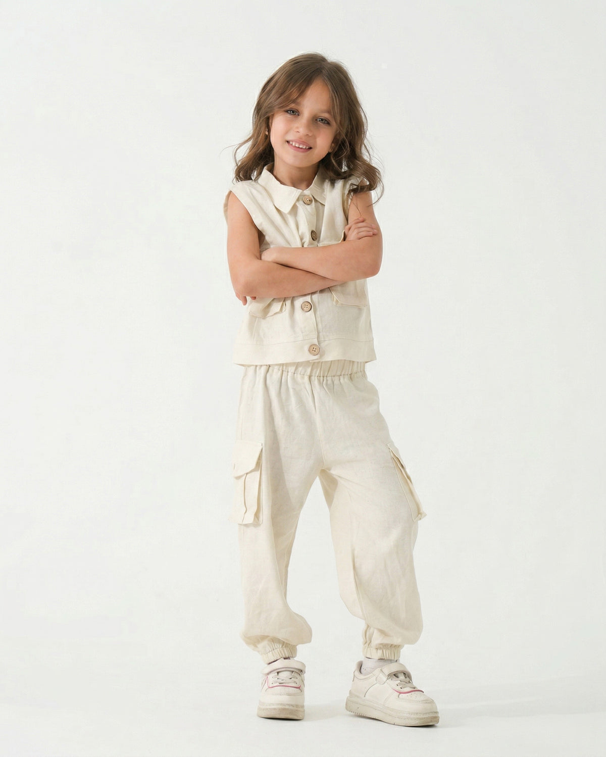 Girls Utility Vest & Cargo Jogger Pants Set | Beige - Remint Kids Fashion