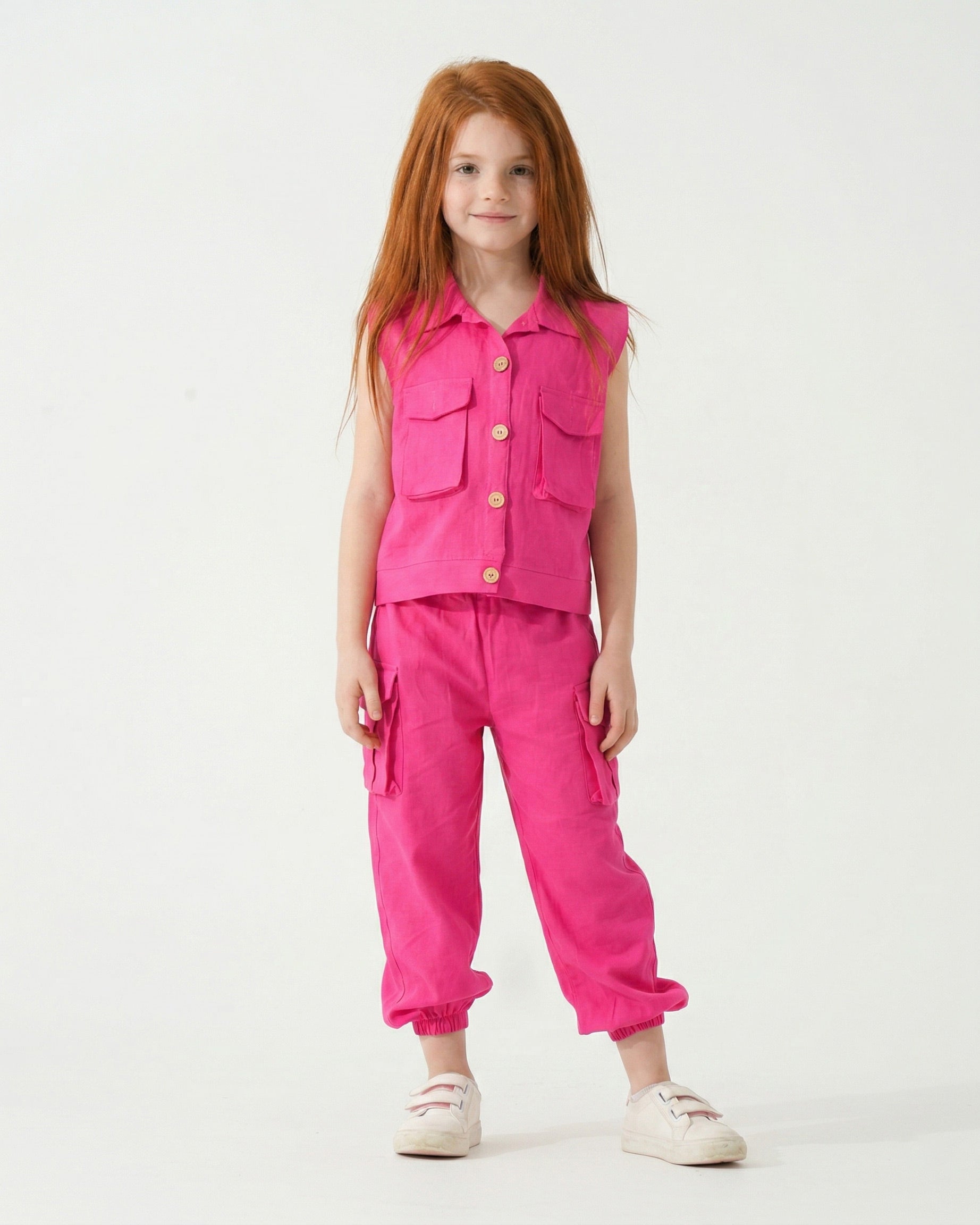 Girls Utility Vest & Cargo Jogger Pants Set | Pink - Remint Kids Fashion