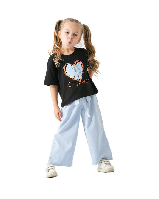Girls Heart Graphic Tee & Wide-Leg Pants Set | Black - Remint Kids Fashion